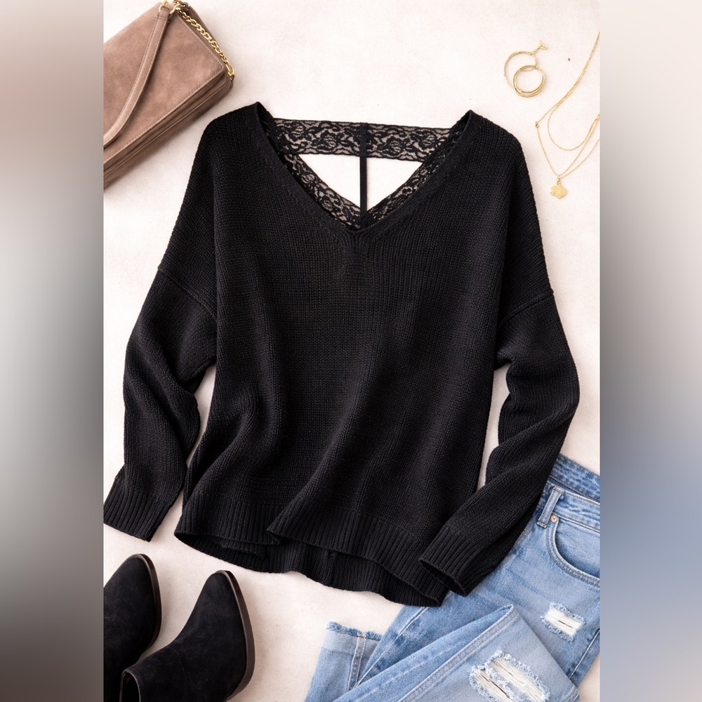 NWT Proof Apparel Black Lace Back Sweater Size Large V Neck Lightweight